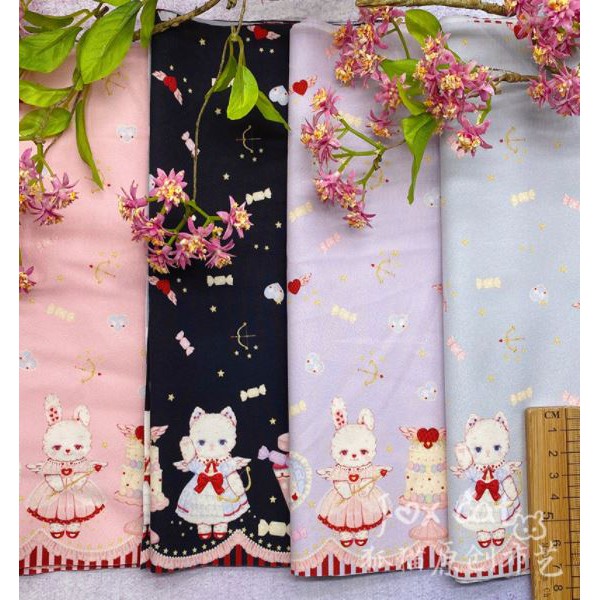 Vải may váy Lolita, váy cho doll, họa tiết Alice in Wonderland, thỏ ngọt ngào bán theo khoang nhỏ 75x145cm, khổ 1m1