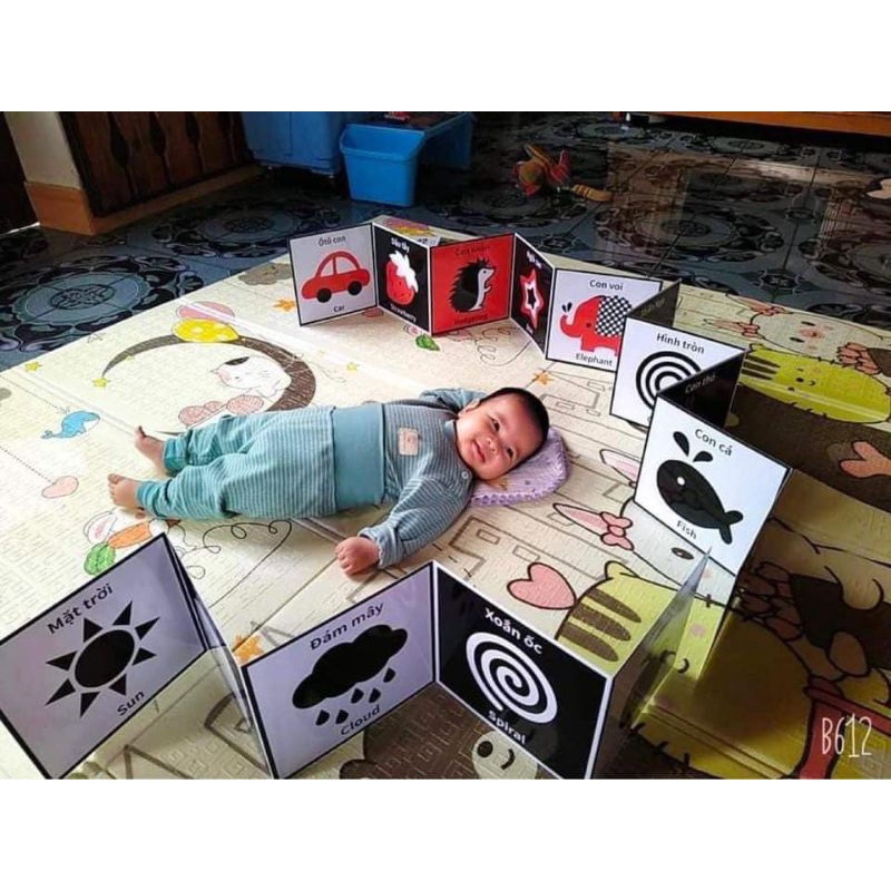 Tranh Kích Thích Thị Giác Cho Bé Sơ Sinh- Tranh đen trắng, đỏ đen, màu sắc, ô bàn cờ, sách vải cho bé