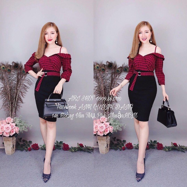 Đầm rớt vai caro