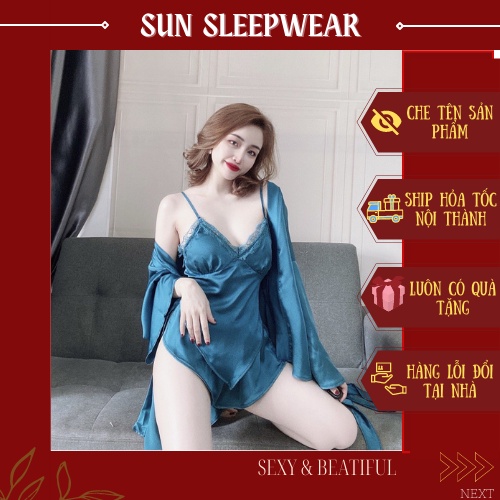 Đồ Bộ Ngủ Combo 3 Món 💖𝐒𝐀𝐍𝐆 𝐂𝐇𝐀̉𝐍𝐇💖 Đùi Yếm Có Áo Choàng Mẫu Lạ Siêu Đẹp, Chất Satin Cao Cấp - Size < 62kg - Sun Shop