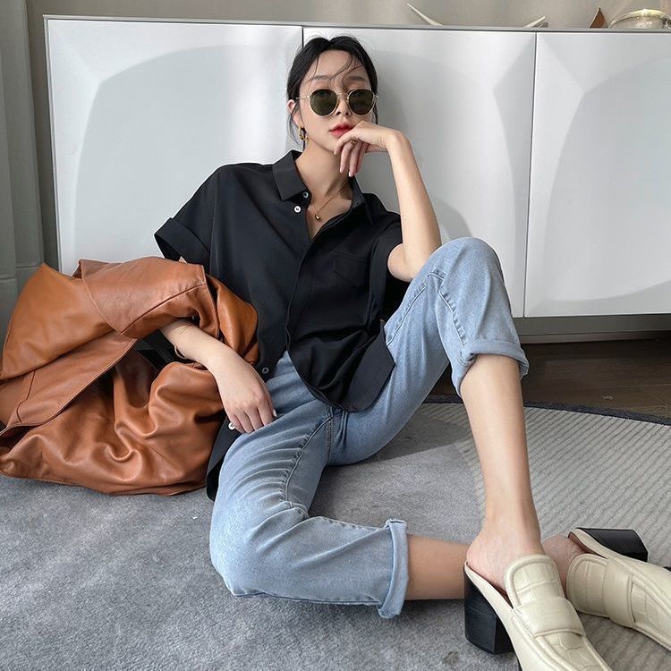 Áo Sơ Mi Chiffon Tay Ngắn Màu Trơn Dáng Rộng Phong Cách Hàn Quốc Thời Trang Mùa Hè Cho Nữ