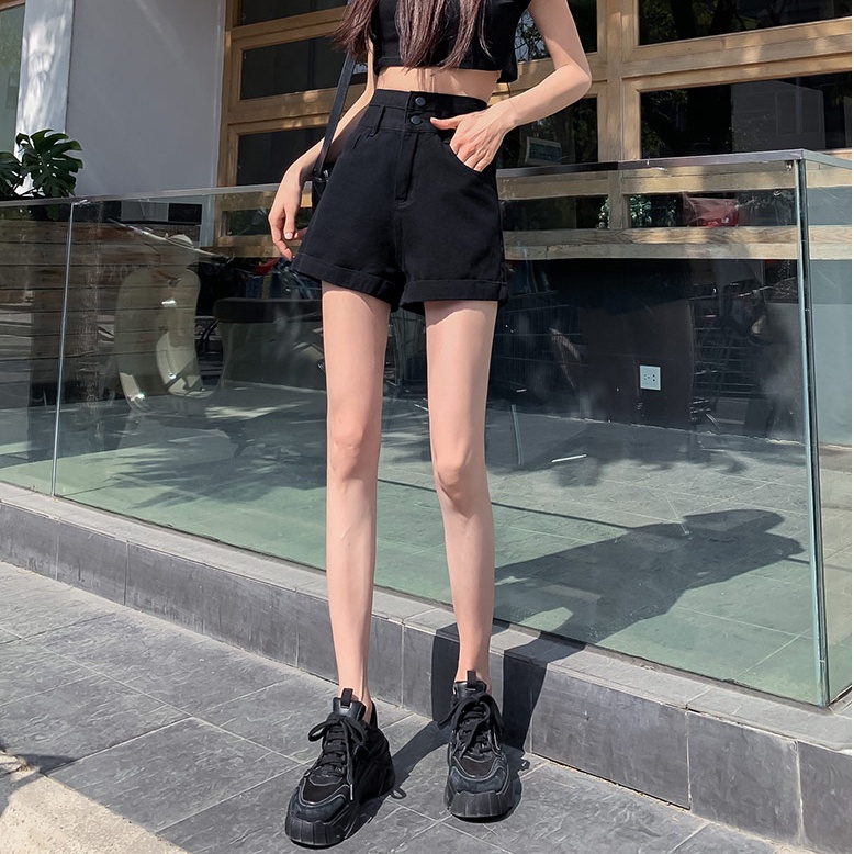 Quần Short Denim Lưng Cao Ống Rộng Theo Phong Cách Retro Hàn Quốc