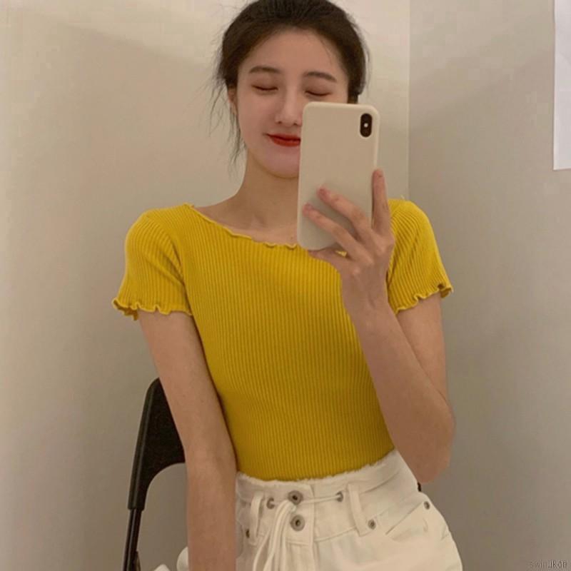 Áo Croptop Dệt Kim Tay Ngắn Phối Bèo Thiết Kế Đơn Giản Cho Nữ