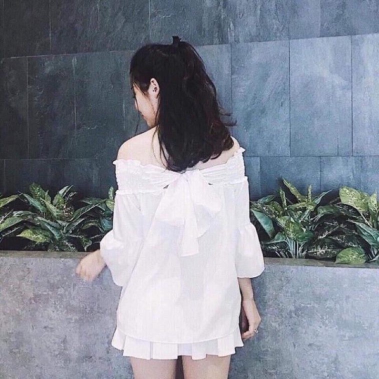 áo trễ vai tay dài, áo bánh bèo trễ vai nơ sau lưng điệu đà năng động cho bán gái, chất đẹp rẻ
