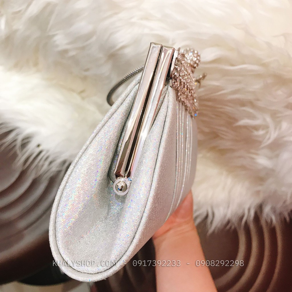 Bóp đầm clutch dạ hội dự tiệc sang trọng đeo chéo xách tay màu trắng ánh hologram họa tiết hột tròn cho bạn nữ - (24x3x1