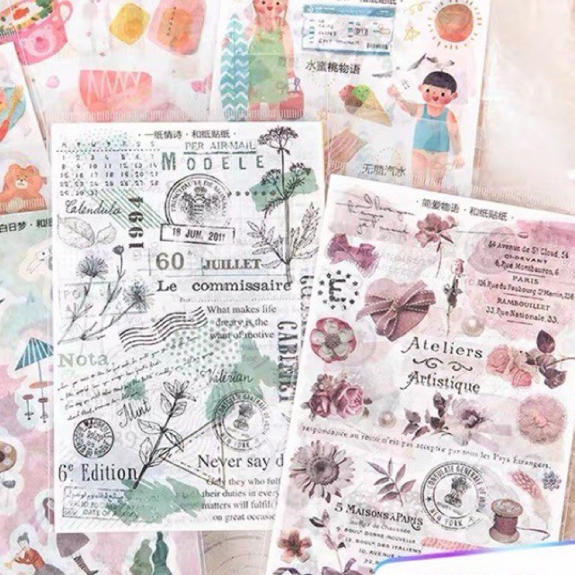 Set 3 tờ stickers giấy kiểu vintage