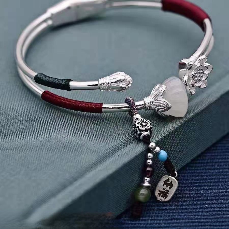 Vòng Tay Mạ Bạc 925 Handmade Hình Hoa Sen May Mắn