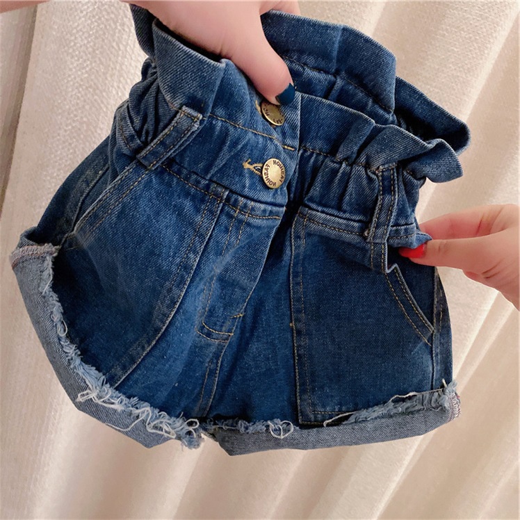 Quần bò cho bé, Quần jeans ngắn phối cạp nhún 2 cúc khóa cực điệu cho bé gái chất mềm đẹp phong cách Hàn Quốc