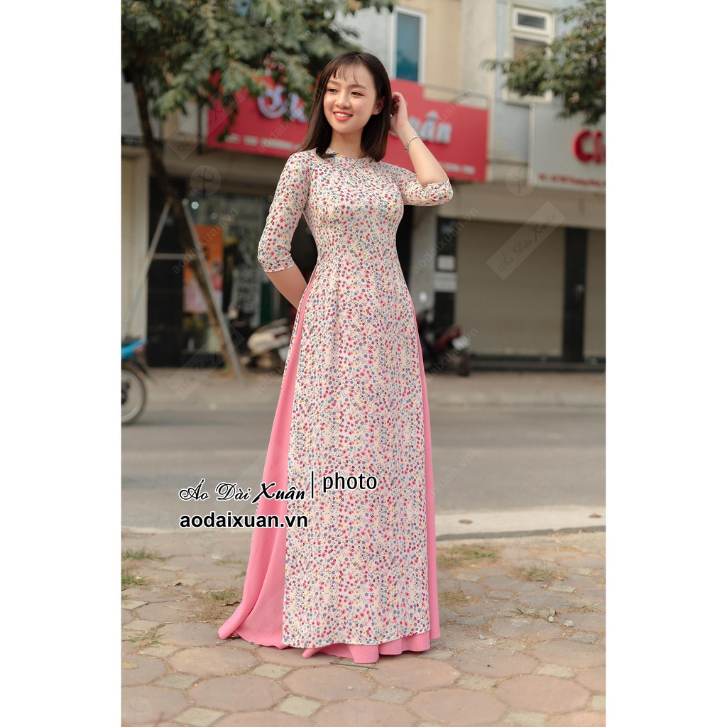 Áo dài voan trắng hoa nhí hồng cỡ S, cỡ M, cỡ L, cỡ XL cỡ 2XL áo dài Việt Nam