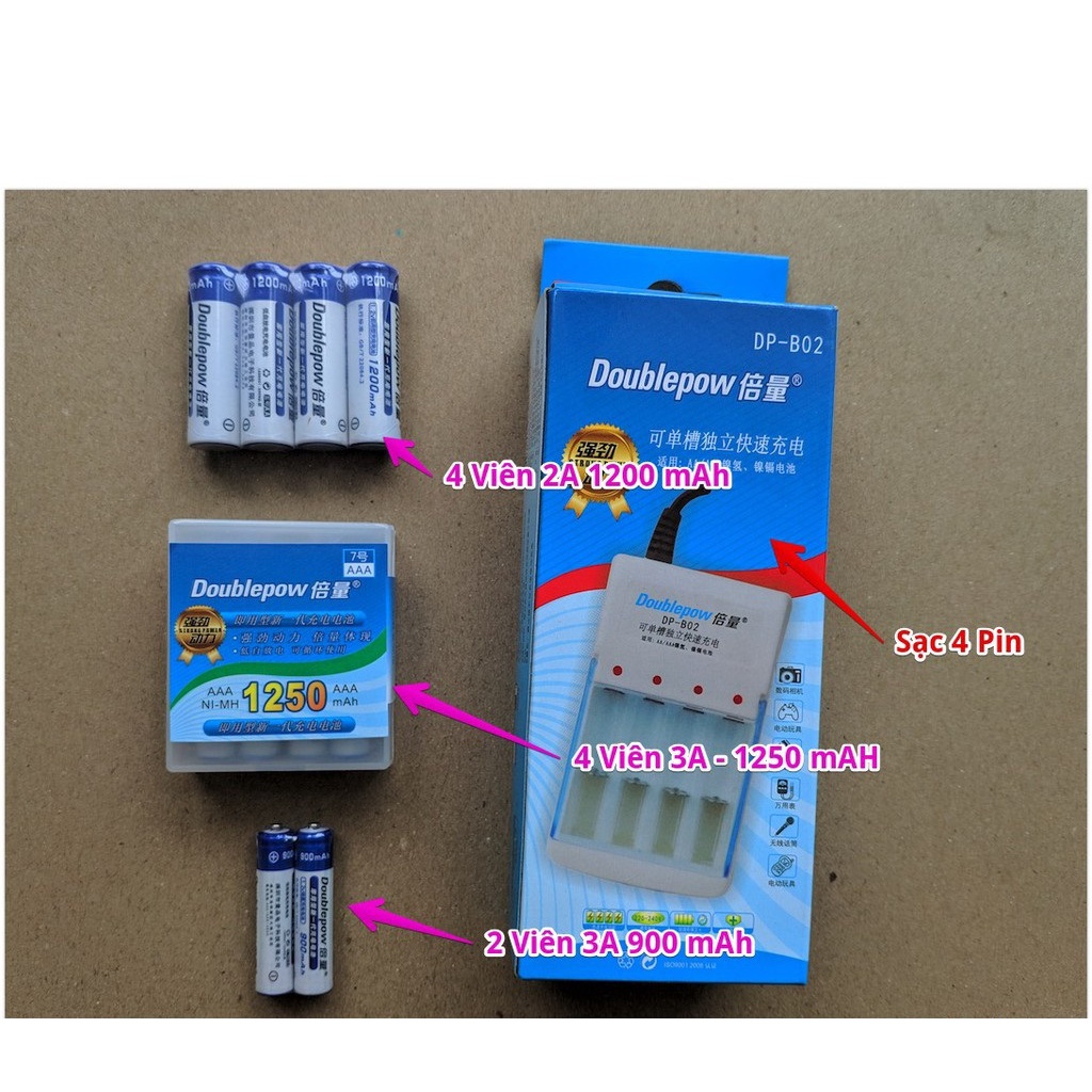 Bộ Sạc Pin Doublepow Kèm 4 Pin Tiểu Sạc AA 1200mAh - Combo Pin và bộ sạc Doublepow - Hàng Chính Hãng 1 đổi 1