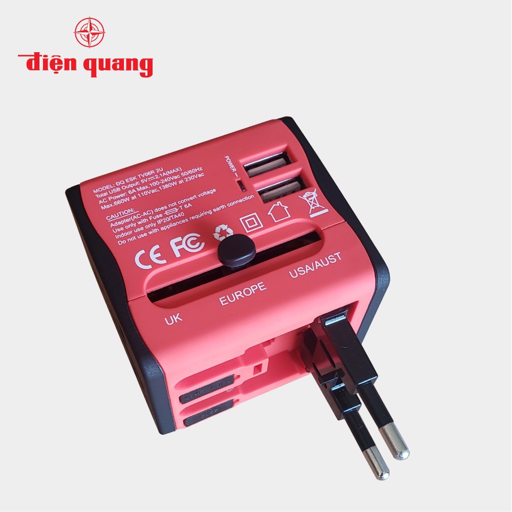 Ổ Cắm Đa Năng Du Lịch Quốc Tế Điện Quang, Tích Hợp 2 cổng USB hàng chính hãng ĐQ ESK TV06R 2U (màu đỏ)