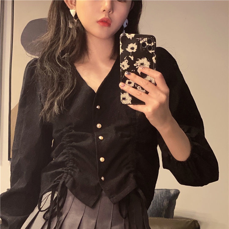 Áo kiểu tay dài cổ chữ V thiết kế dây rút phong cách Hàn Quốc thiết kế mới thời trang xuân thu