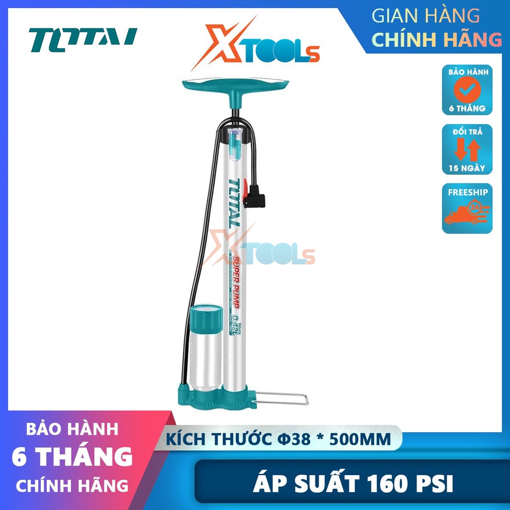 Bơm hơi dùng tay TOTAL TMPP3811, kích thước: φ38*500mm, ống bền áp suất cao, đầu phù hợp với Schrader, Presta ,Dunlop