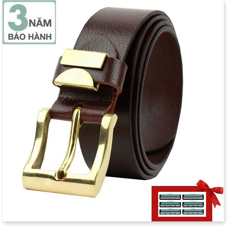 Bảo hành 3 năm - Dây nịt da bò đầu khóa đồng nguyên khối Ruby Luxury tặng kèm 6 lưỡi dao cạo râu kép trị giá 60.000