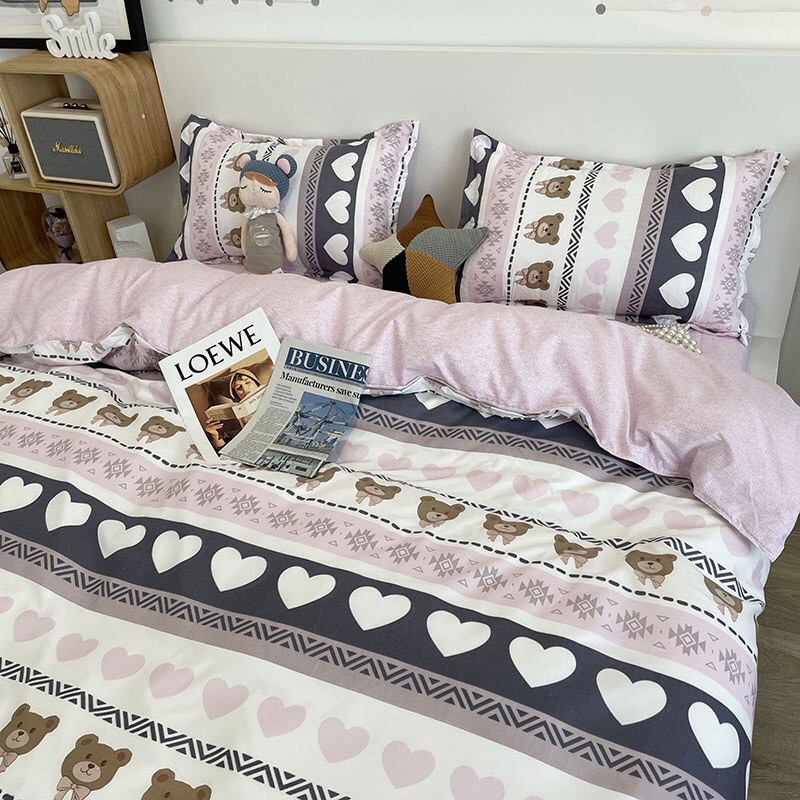 set chăn ga poly nhập khẩu chăn trần bông - mẫu tim kẻ hồng