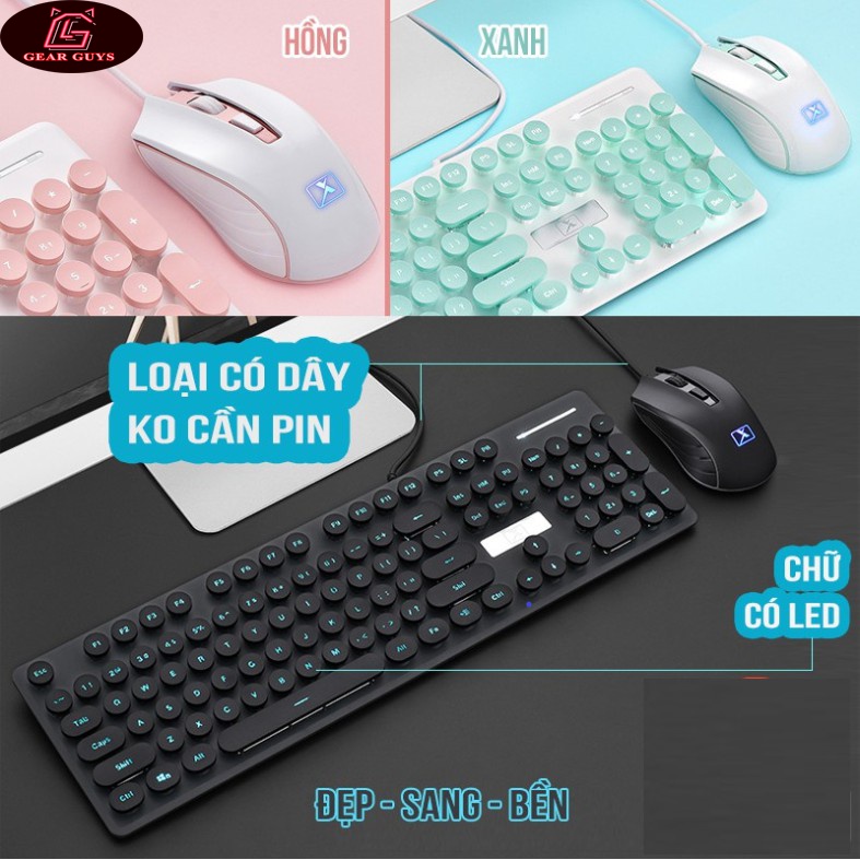 Bộ bàn phím và chuột N518 màu hồng phấn màu xanh biển cao cấp có đèn LED sáng thiết kế phím tròn nổi bật