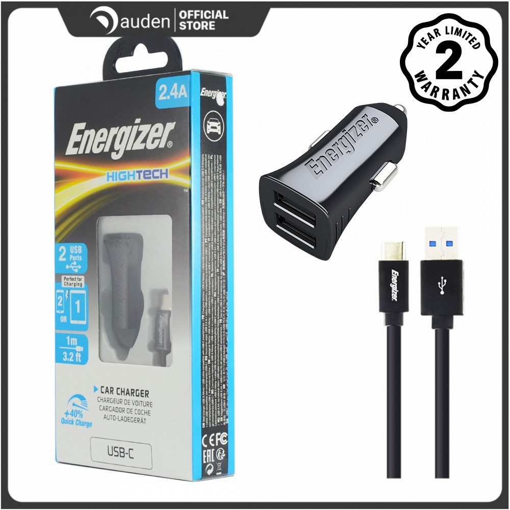 Sạc Ô Tô Energizer 2.4A 2USB + Kèm cáp USB Type-C 2.0 - DCA2BHC23