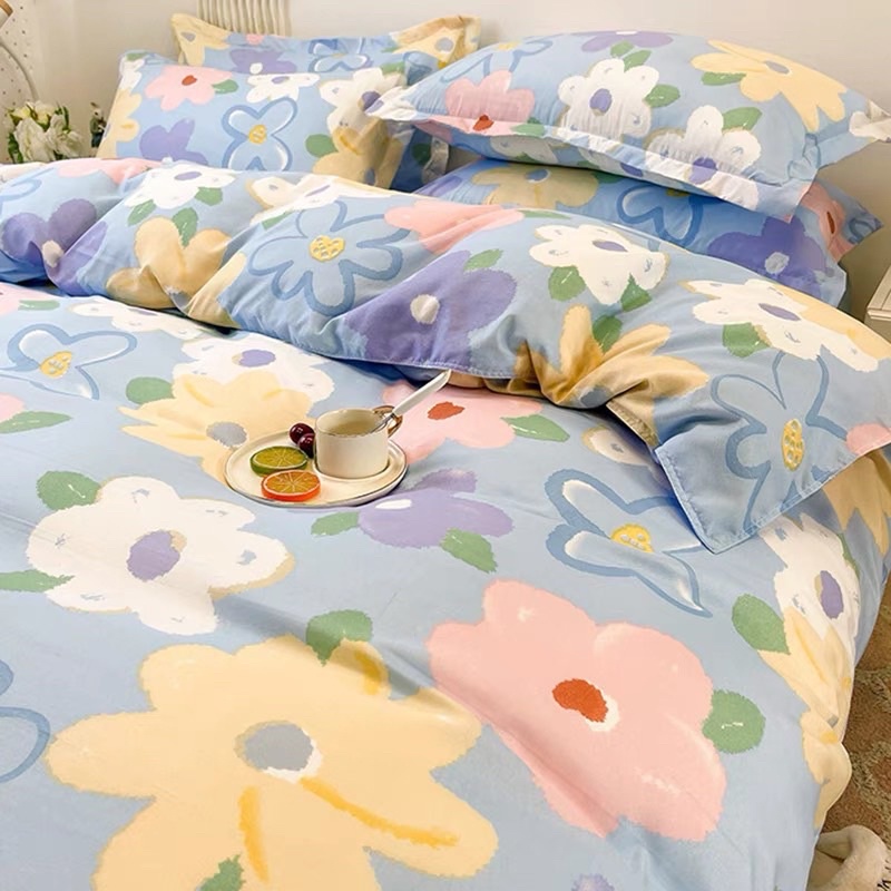 Bộ chăn ga gối hoa ngũ sắc cotton 3D moexu cao cấp mềm mịn thấm hút mồ hôi có nhiều kích cỡ có vỏ gối ôm cùng bộ