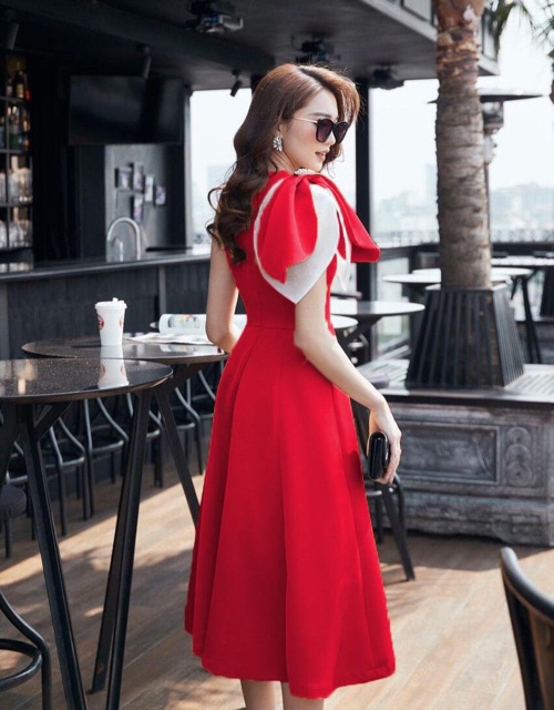 ( ẢNH VÀ VIDEO THẬT1000%) Đầm kết lá phối màu kèm nơ cài đá