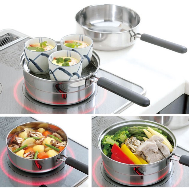 [Hỏa tốc HCM] Bộ 2 nồi chảo ăn dặm hợp kim nhôm, inox chống dính quấy bột có khay hấp kèm nắp đậy Kakuse Nhật Bản cho bé