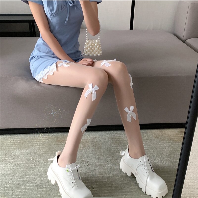 Pure Desire Fairy Style Bow White Stockings Female Japanese Cute Soft Girl Thin Anti-hook Silk Panty