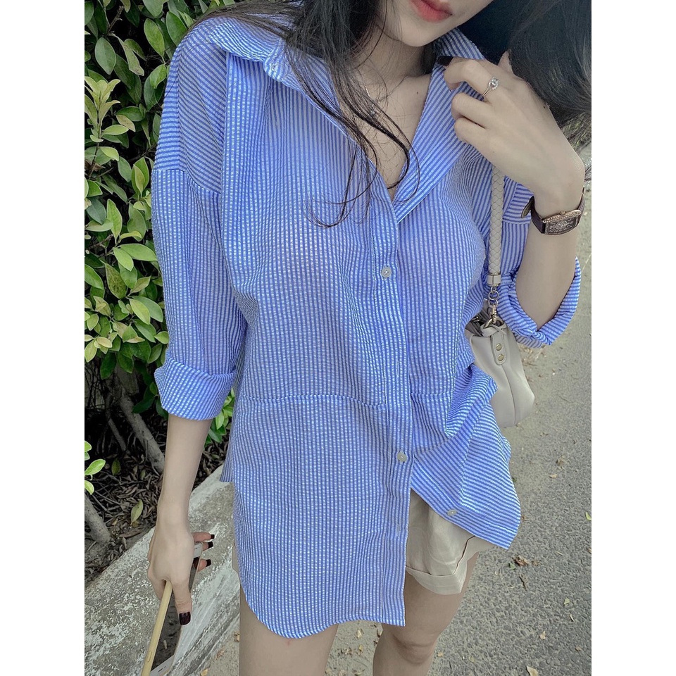 [Mã FAMARAL1 giảm 10K đơn 50K] Áo sơ mi xanh đũi xốp form rộng áo sơ mi nữ ulzzang LD119