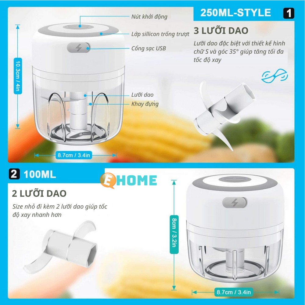 Máy Xay Tỏi Ớt Mini Cầm Tay Chạy Bằng Điện Đa Năng Có Cổng Sạc USB eHome EH-101