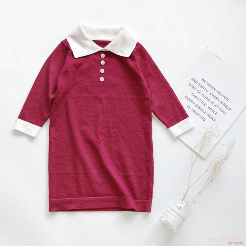 Đầm tay dài cổ bẻ màu trơn phong cách Hàn Quốc đáng yêu cho bé gái