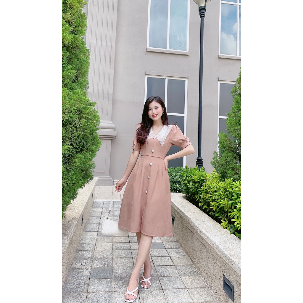 Đầm Xòe Chữ A Cổ V Phối Ren Đính Nút Duyên Dán AKARA K105 Full Size | BigBuy360 - bigbuy360.vn