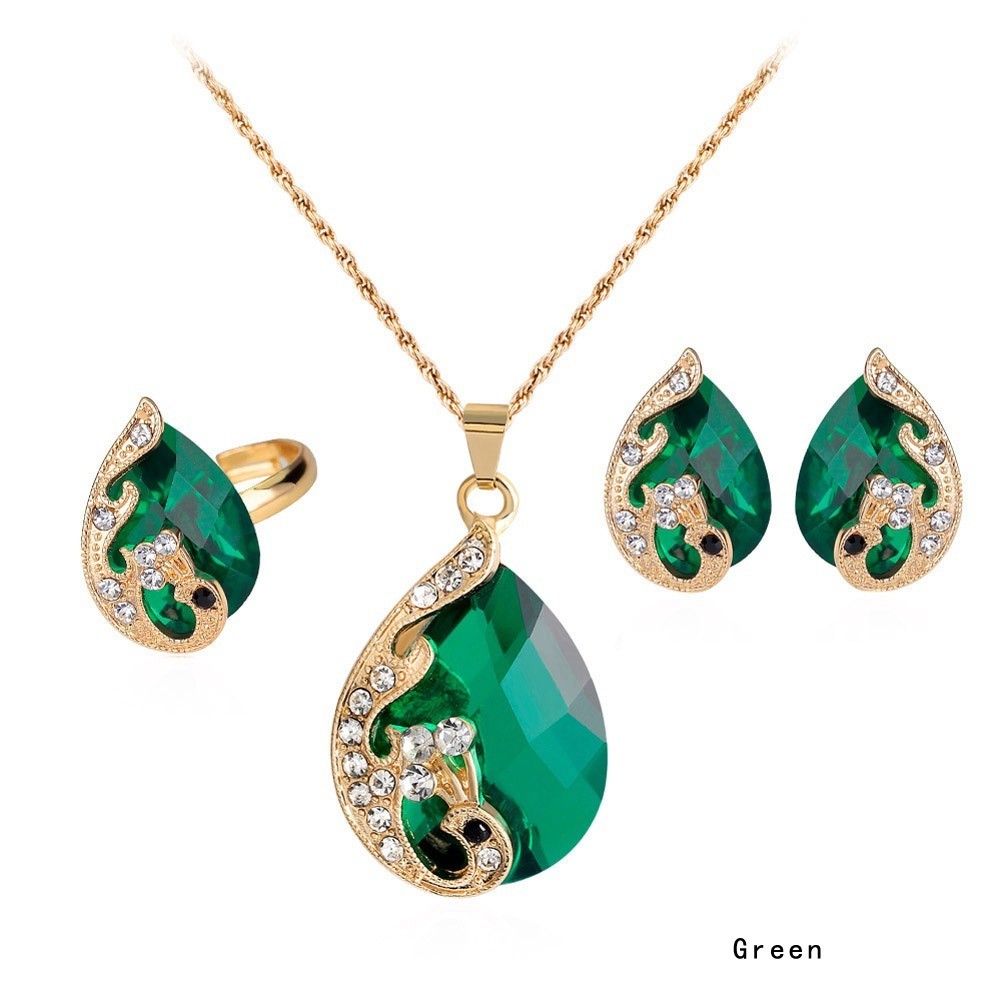 Set 1 đôi khuyên tai + 1 dây chuyền + 1 chiếc nhẫn đính đá cho nữ