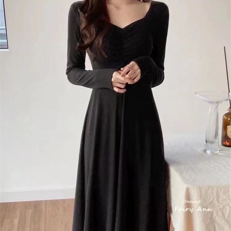 COZOK Đầm Tay Dài Cổ Chữ v Dáng Ôm Thời Trang Hàn Quốc