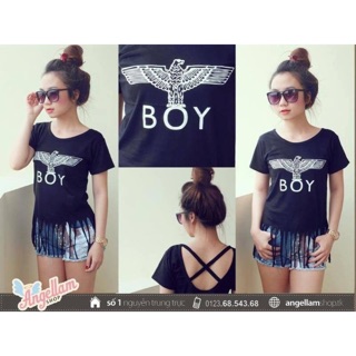 Áo thun tua rua lai chữ boy