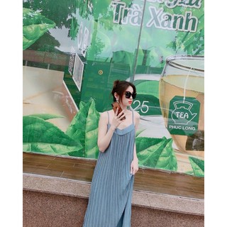 Đầm maxi dập ly 2 dây voan trơn