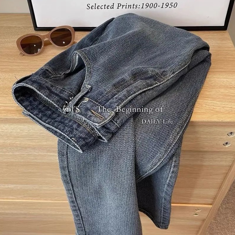 Quần denim RENJIANVSHENG dáng dài ống rộng phong cách Hàn Quốc