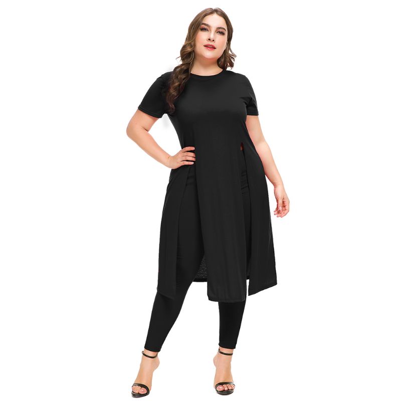 Set Đồ 2 Món Áo Thun Tay Ngắn Phối Quần Dài Xẻ Tà Cỡ Lớn Thời Trang Trẻ Trung Cho Nữ