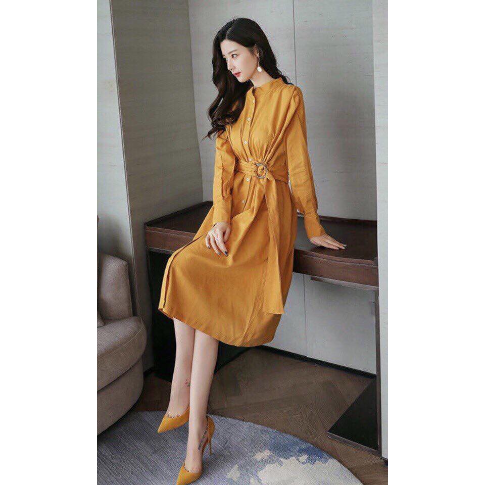 Đầm Nữ Vàng Cam Suông Tay Dài Thắt Eo