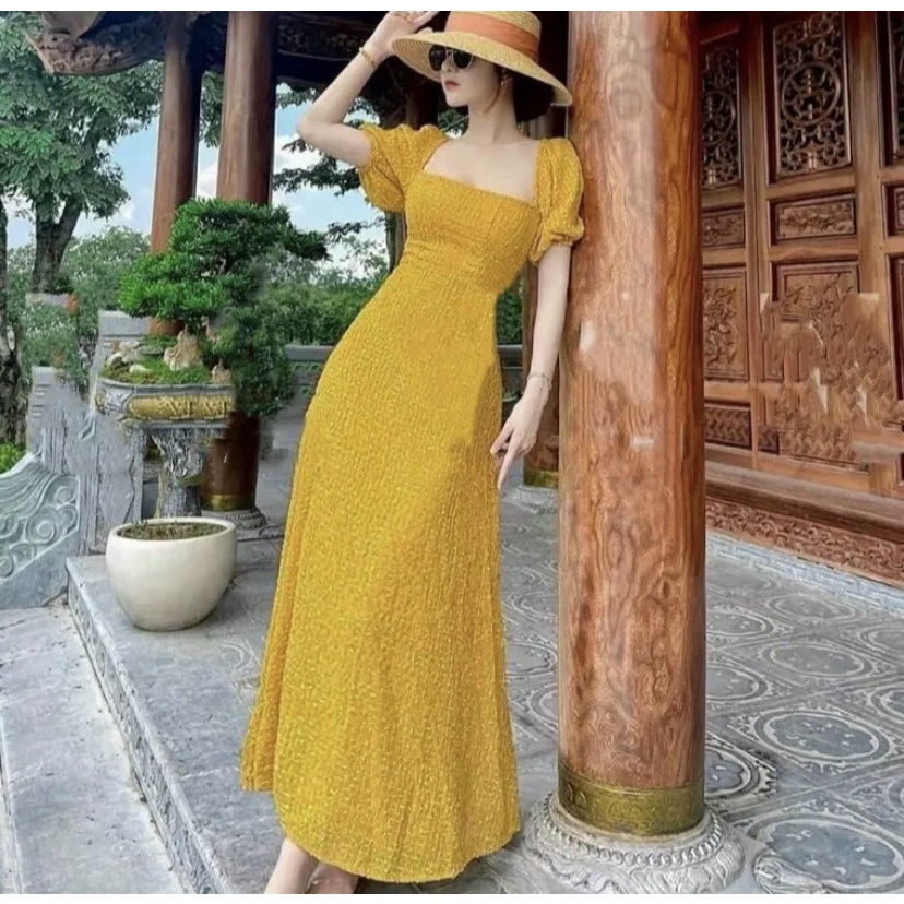 Đầm Maxi Dài Hở Lưng Đi Biển, Maxi Trắng Cổ Vuông Tay Phồng Sexy Thời Trang Nữ Minh Phúc