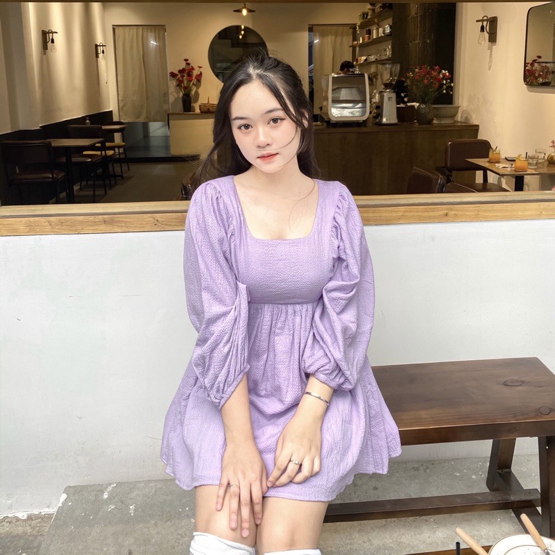 ĐẦM TÍM DÁNG NGẮN XÒE BỒNG TAY DÀI