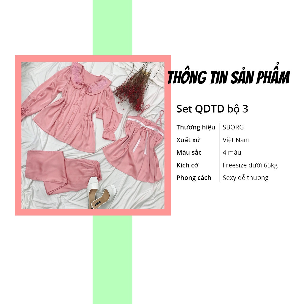 Set đồ ngủ SBORG bộ ngủ lụa latin áo khoác dài tay họa tiết phối áo 2 dây dễ thương và quần dài có túi freesize 65kg