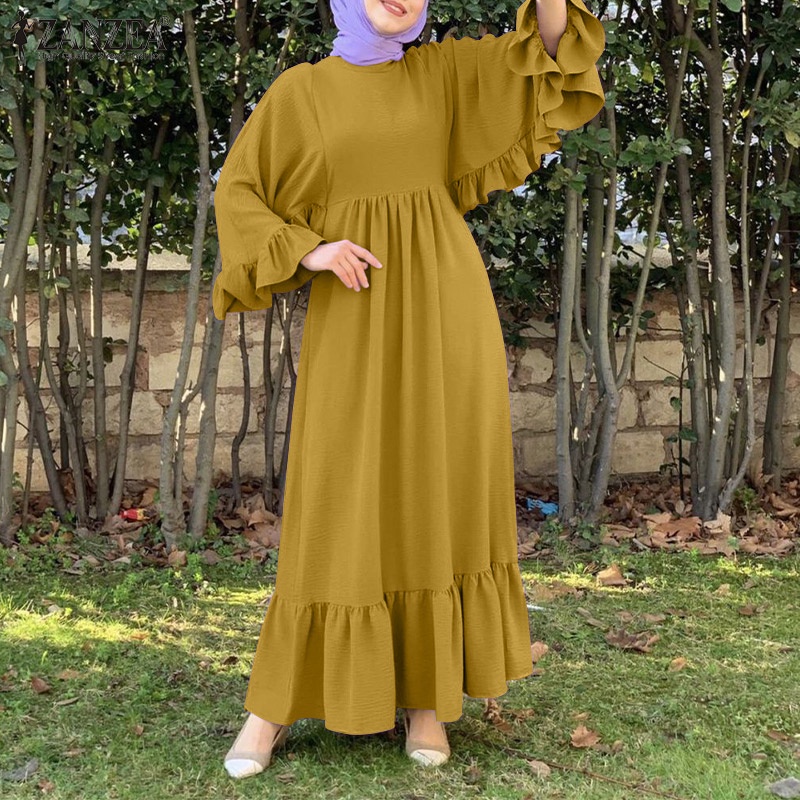 Đầm dài ZANZEA tay diềm xếp nếp búp bê dành cho phụ nữ Hồi giáo