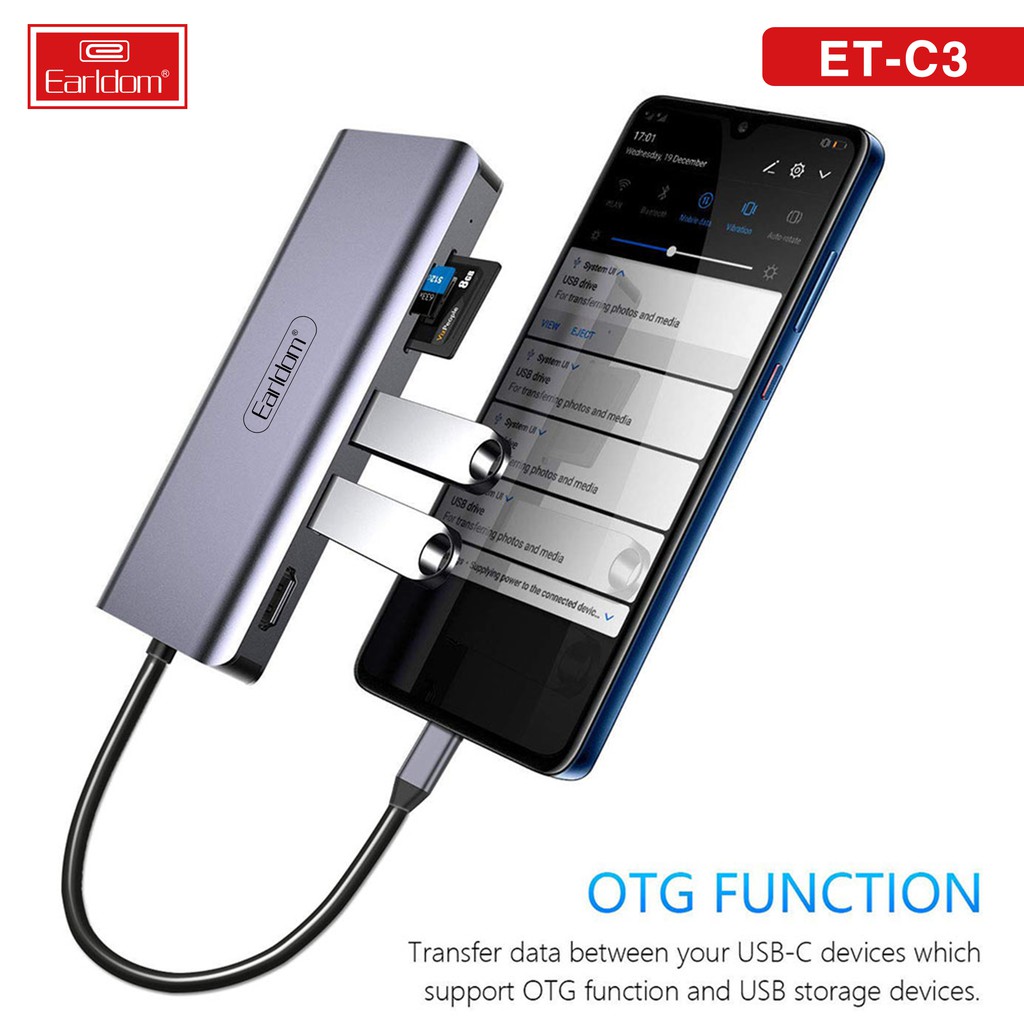 Hub Chuyển Đổi Type C Đa Năng Earldom C3 (7 in 1 - TYPE C to USB, LAN, SD,HDMI)