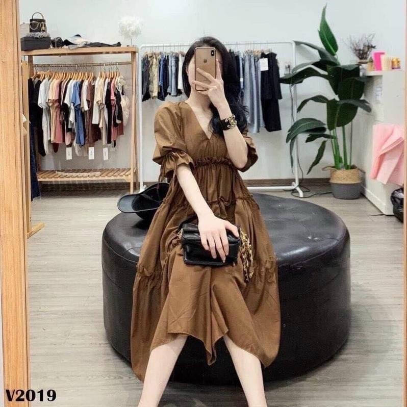 Váy suông babydoll 3 tầng, cổ V, đầm xuông rộng freesize, tay bo phồng siêu xinh -HD20