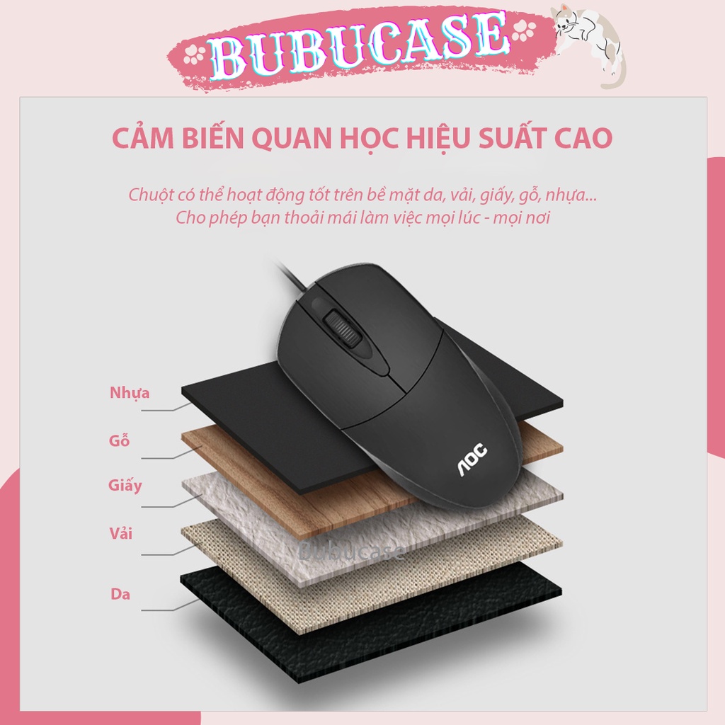 Chuột Có Dây AOC MS121 Cảm Biến Quang Học Hiệu Suất Cao/1200 DPI, Bề Mặt Mịn Màng Thoải Mái Khi Làm Việc, Con Lăn Cao Su