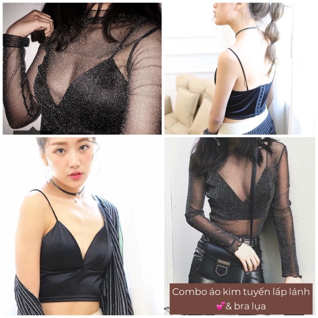 [Mã FASHIONGREEN94 giảm 10% tối đa 30K đơn 99K] Combo áo lưới kim tuyến và bra lụa satin đen quyến rũ Quảng Châu