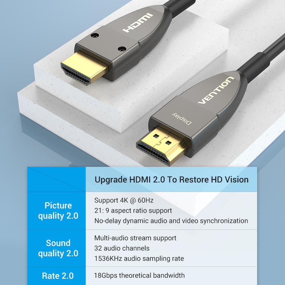 Dây cáp HDMI 2.0 sợi quang Vention đầu mạ vàng cao cấp, độ dài 10m-30m