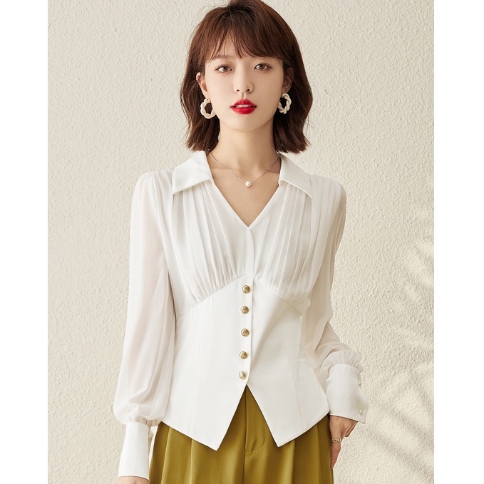 Áo Sơ Mi Chiffon Mỏng Tay Phồng Xếp Ly Ôm Eo Cao Thời Trang Cao Cấp Phù Hợp Với Mọi Phong Cách OL Cao Cấp