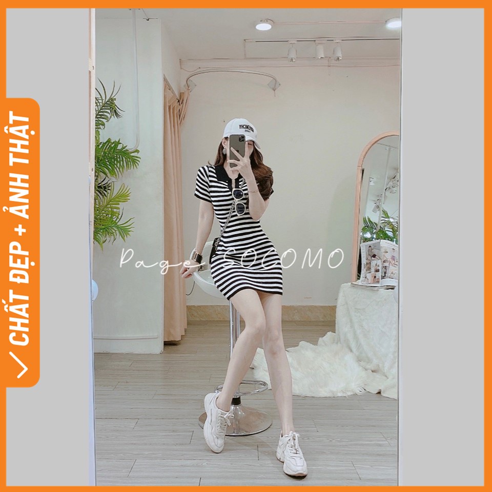 Váy polo nữ body cổ vest len kẻ ngang Socomo V932022