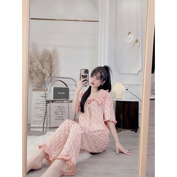 BỘ PIJAMA CHẤT ĐŨI LỤA MẶC NHÀ HOẠ TIẾT CHỮ IN HÀNG THIẾT KẾ CAO CẤP