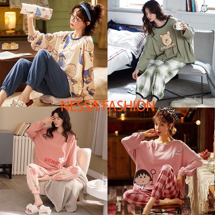 Bộ Đồ Ngủ Nữ Mặc Nhà Vải Co Giãn 4 Chiều Quần Áo Dài Tay Pijama Váy Ở Nhà Mùa Hè Xuân Thu Đông Dễ Thương Kute Giá Rẻ