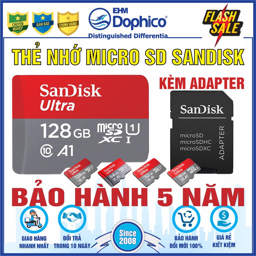 Thẻ nhớ SanDisk 128GB/64GB/32GB - MircoSD Class10 – Chính Hãng – Bảo hành 5 năm – Kèm Adapter